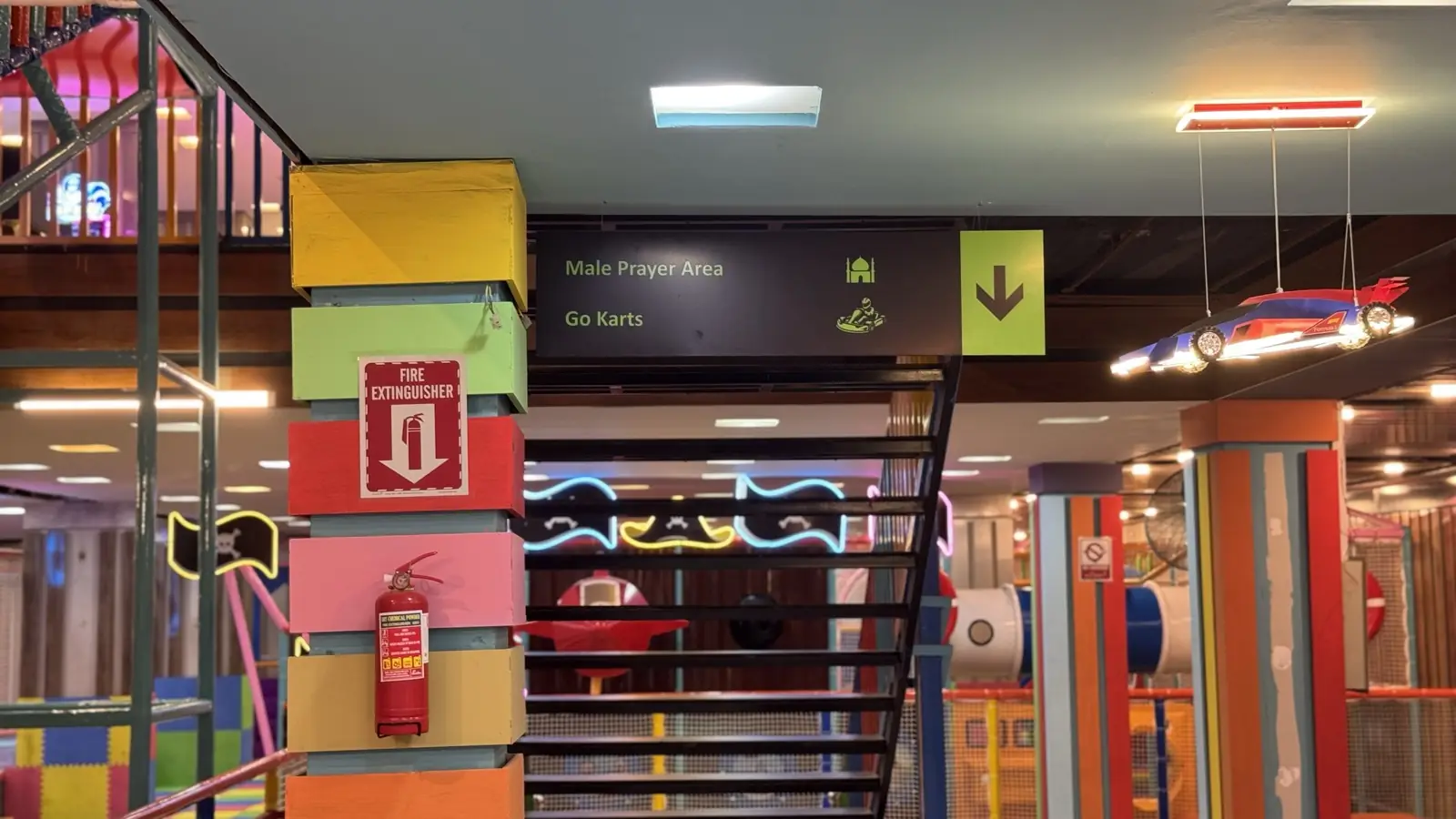 Colourful pillars at the go-kart track entrance