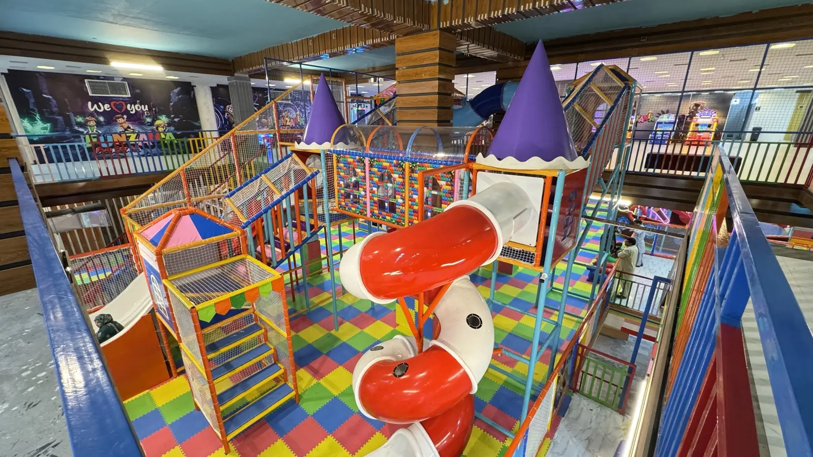 Colourful ball pit and slide at Funzania